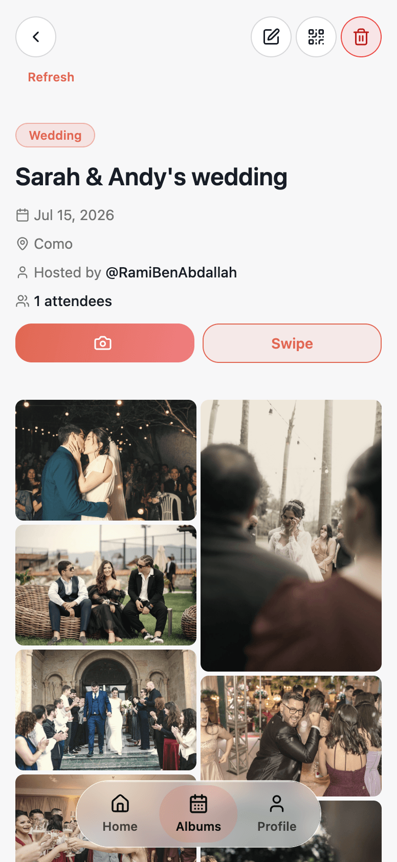 Event album with date, location, guests, and photo grid