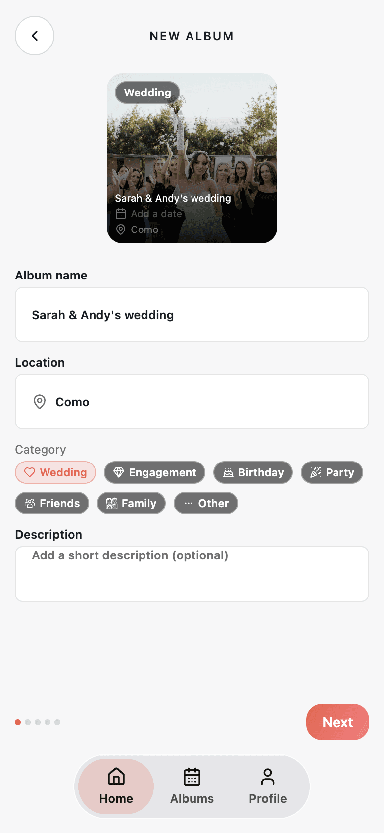 Create album — name and details
